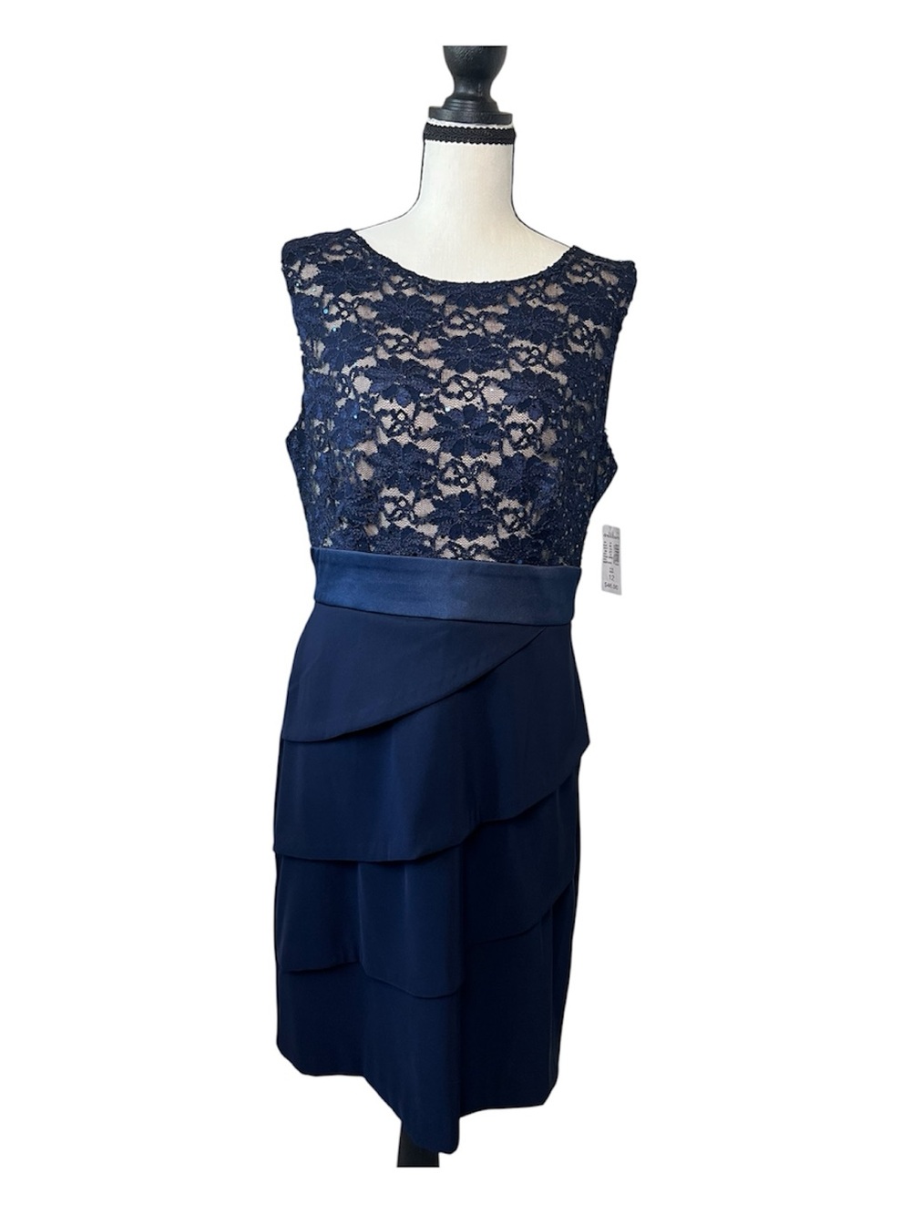 Connected Apparel Navy Blue Sequined Lace Tiered Cocktail Dress Size 12 NWT